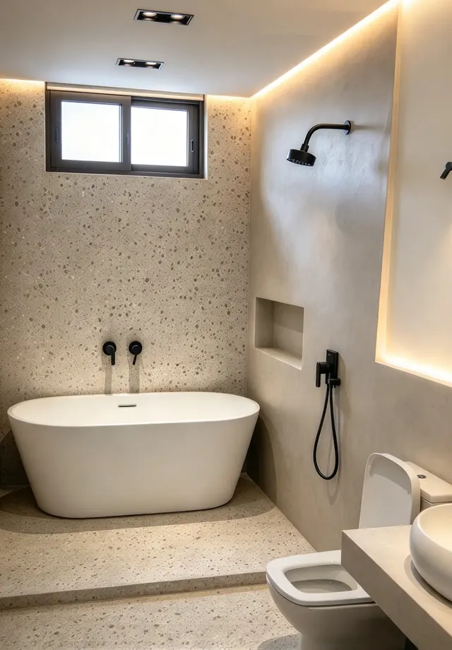 Banheiro com banheira de imersão, revestimento em terrazzo e iluminação indireta