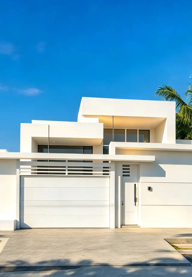 Residência contemporânea branca com garagem e volumes sobrepostos