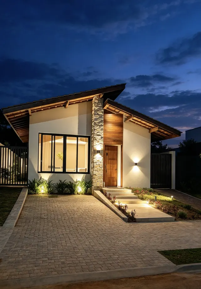 Casa térrea iluminada à noite, com pilar de pedra e porta de madeira