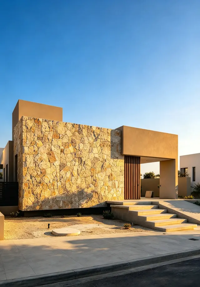 Fachada residencial com revestimento em pedra natural e escada de acesso